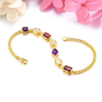 Natural Rhodolite Garnet Amethyst Silver Bracelet 5 Carats Genuine Opal Yellow Gold