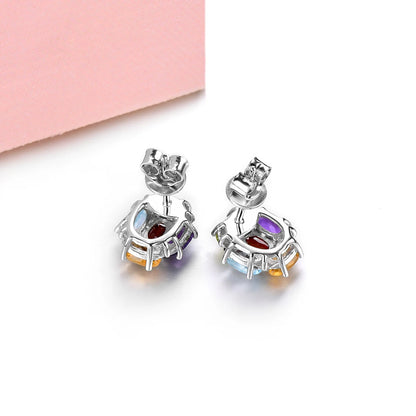 Natural Gemstone Stud Earring Sterling Silver 2.5 Carats Genuien Amethyst Topaz Garnet