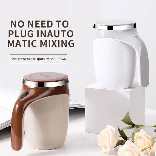 Portable rechargeable coffee mug with automatic stirring and stainless steel construction.