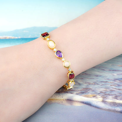 Natural Rhodolite Garnet Amethyst Silver Bracelet 5 Carats Genuine Opal Yellow Gold