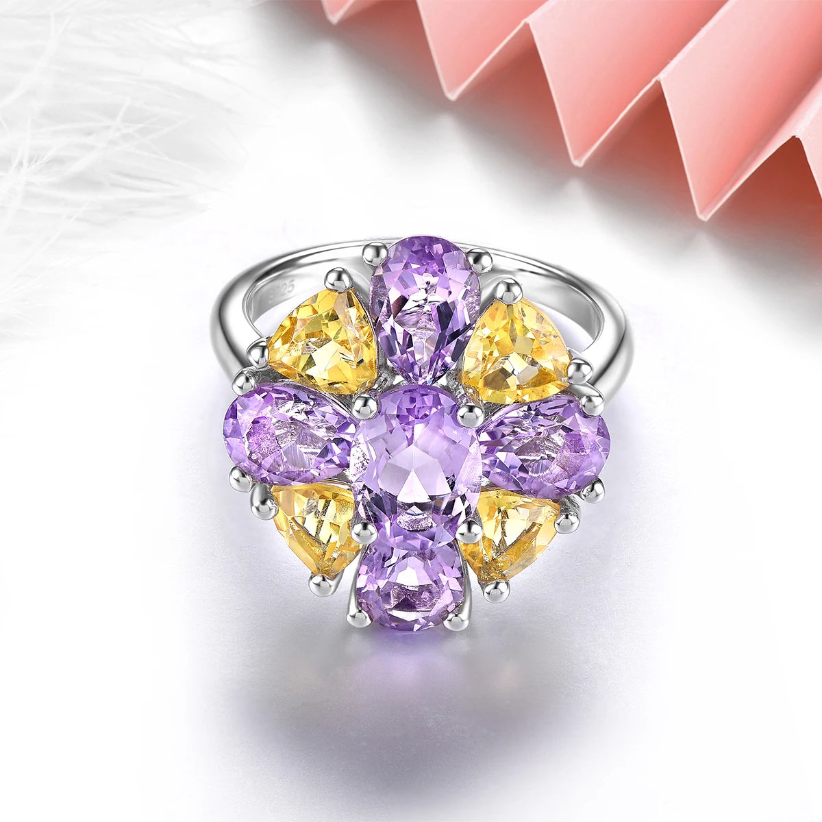 Natural Pink Amethyst Citrine Sterling Silver Rings 5.5 Carats Genuine Gemstone