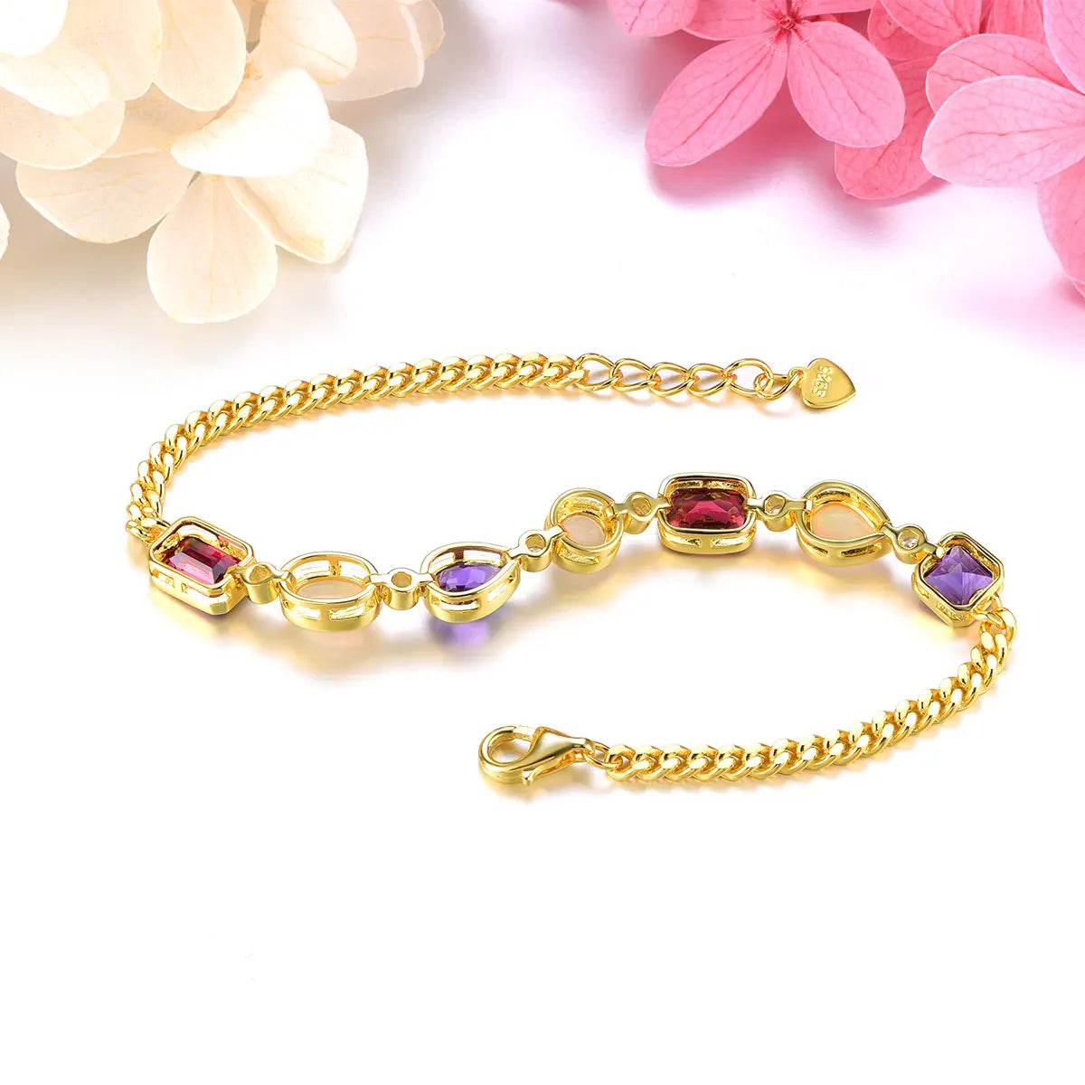 Natural Rhodolite Garnet Amethyst Silver Bracelet 5 Carats Genuine Opal Yellow Gold