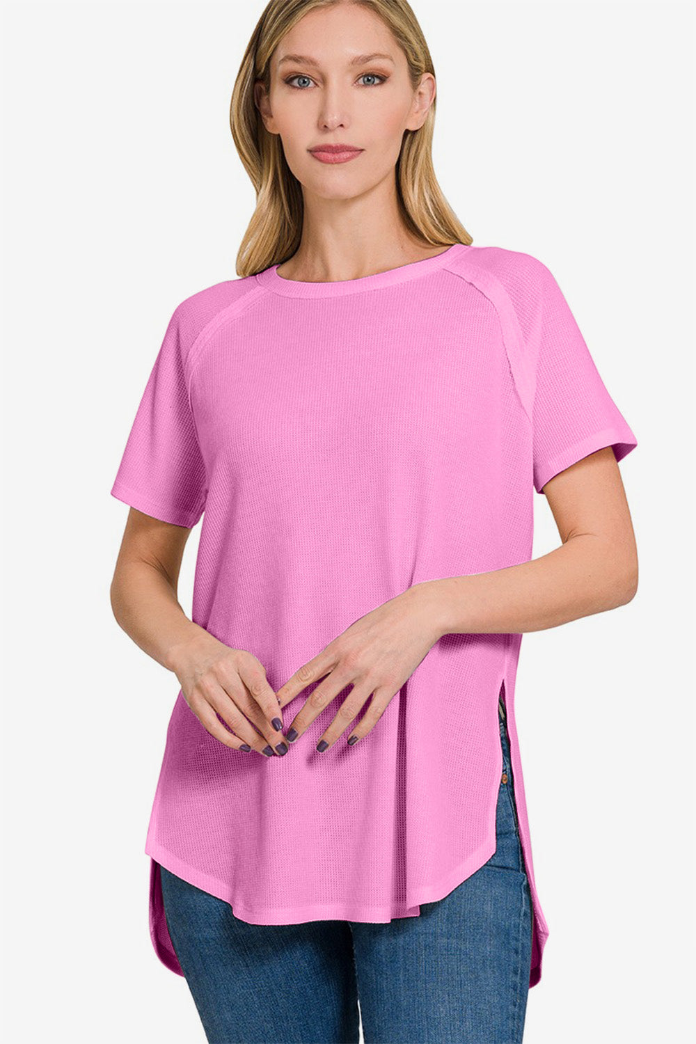 Zenana Slit Round Neck Short Sleeve Waffle Top