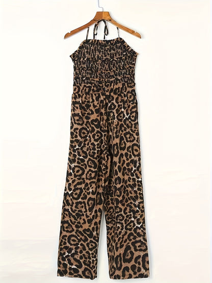 Full Size Leopard Halter Neck Jumpsuit