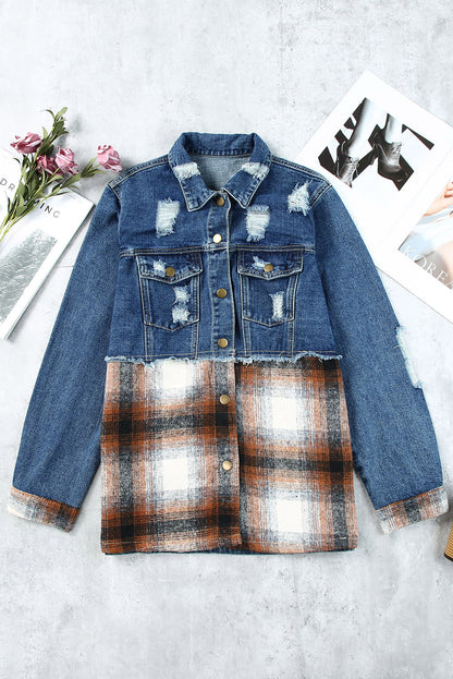 Plaid Distressed Raw Hem Snap Down Denim Jacket