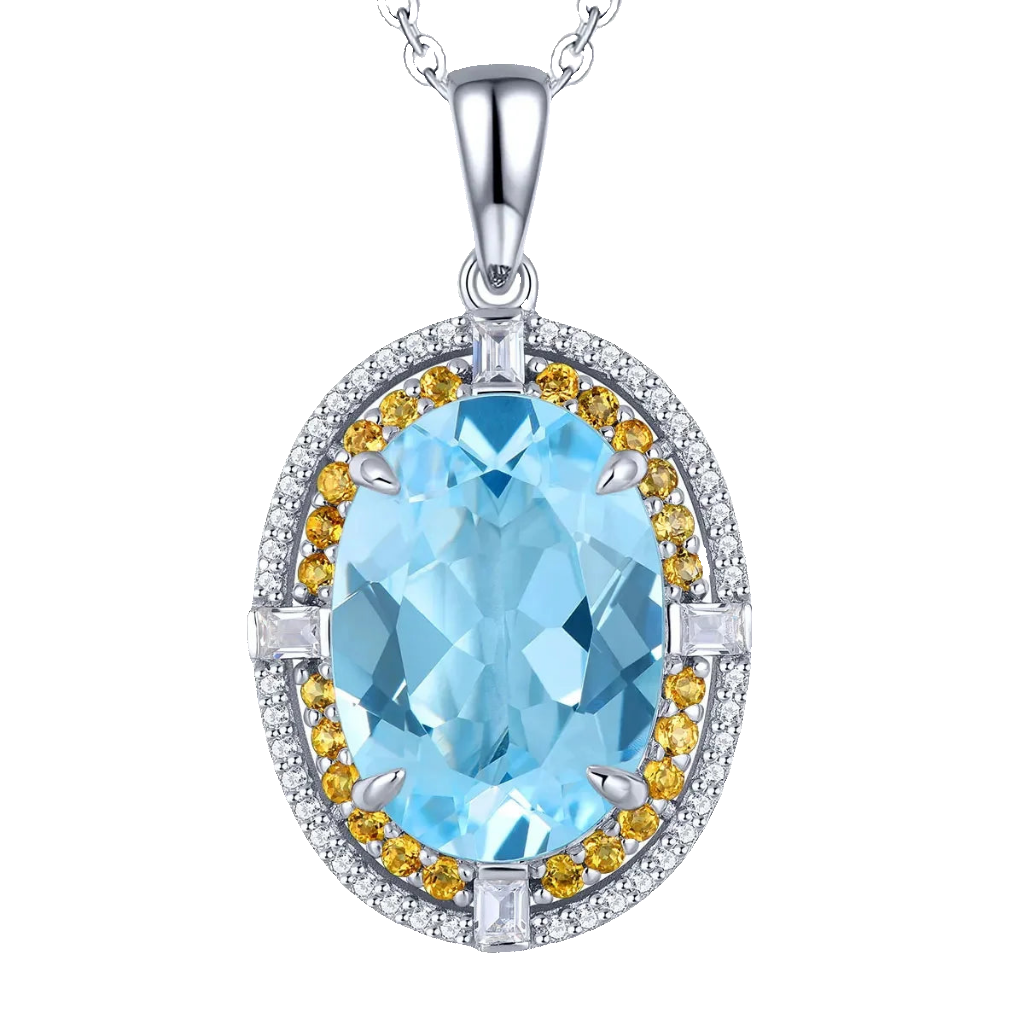 Natural Sky Blue Topaz Citrine Sterling Silver Pendant 8 Carats Genuine Multicolor