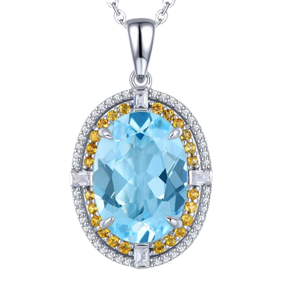 Natural Sky Blue Topaz Citrine Sterling Silver Pendant 8 Carats Genuine Multicolor