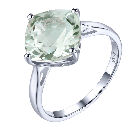 Natural Green Amethyst Sterling Silver Rings 3.8 Carats Light Green Gemstone