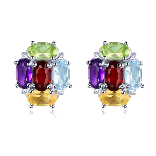 Natural Gemstone Stud Earring Sterling Silver 2.5 Carats Genuien Amethyst Topaz Garnet