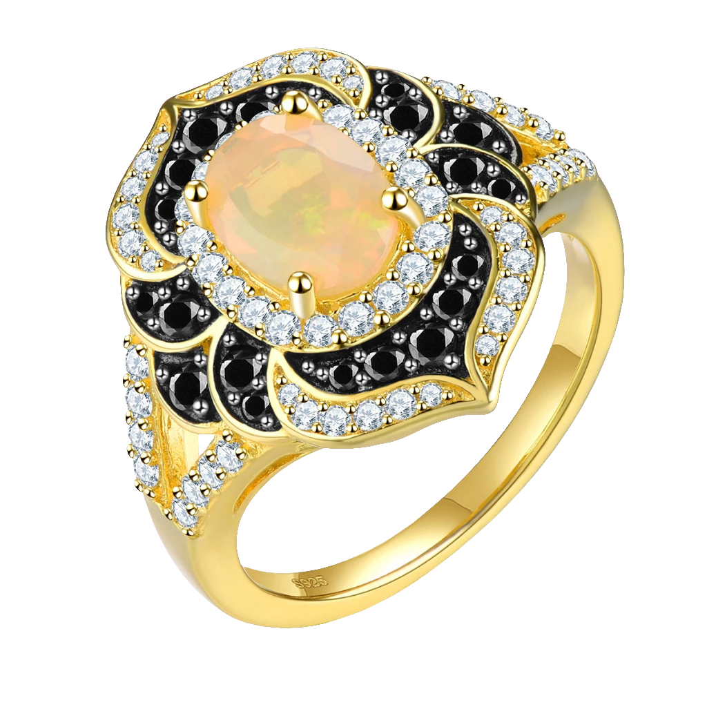 Natural Opal Black Spinel Silver Yellow Gold Plated Ring 2.5 Carats Genuine Gemstone