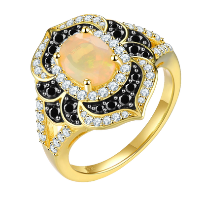 Natural Opal Black Spinel Silver Yellow Gold Plated Ring 2.5 Carats Genuine Gemstone