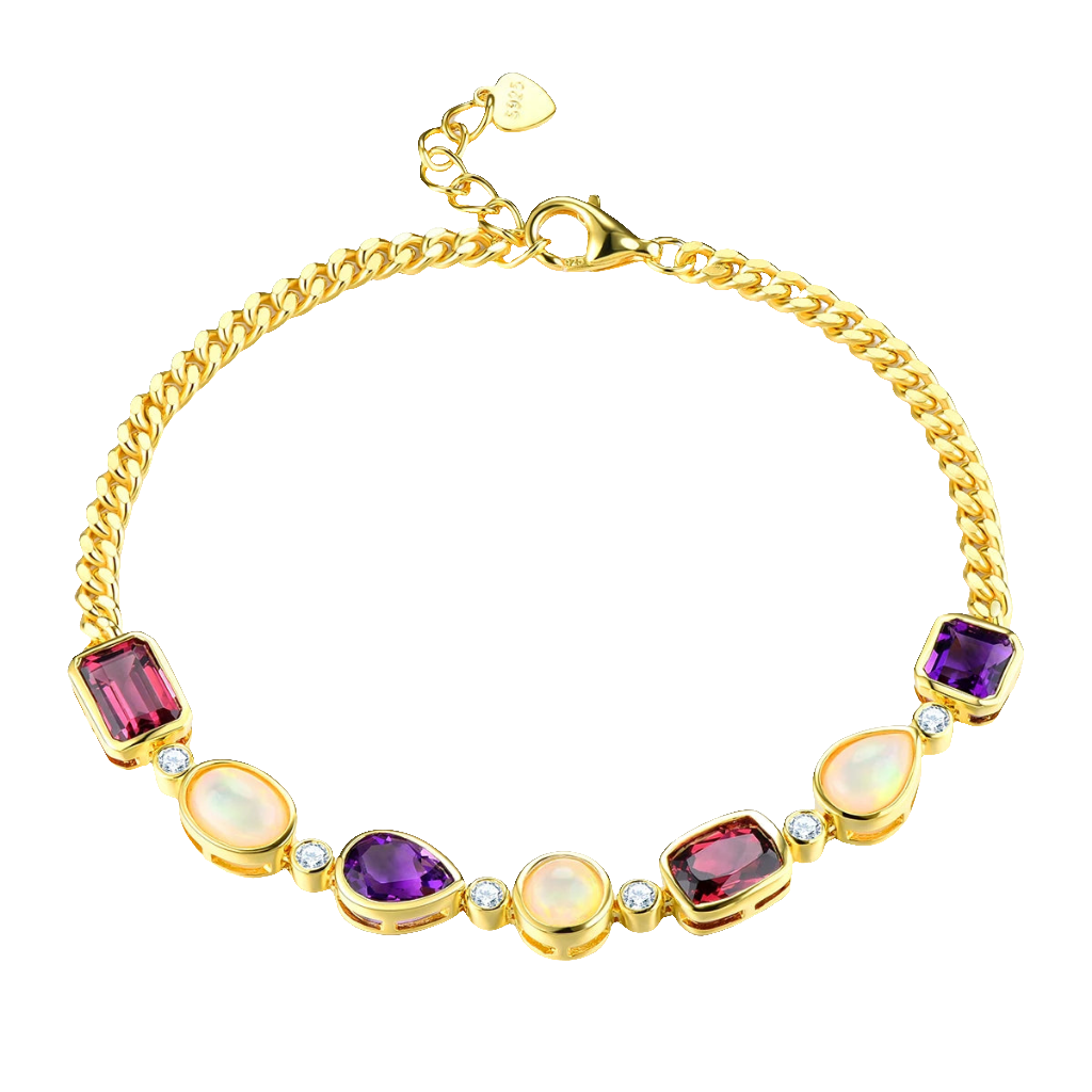 Natural Rhodolite Garnet Amethyst Silver Bracelet 5 Carats Genuine Opal Yellow Gold