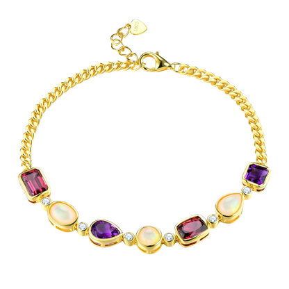 Natural Rhodolite Garnet Amethyst Silver Bracelet 5 Carats Genuine Opal Yellow Gold