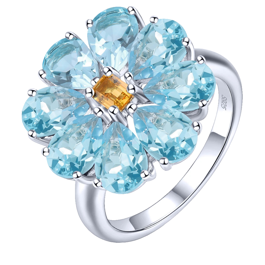 Natural Sky Blue Topaz Citrine Sterling  Silver Rings 6.6 Carats Genuine Gemstone