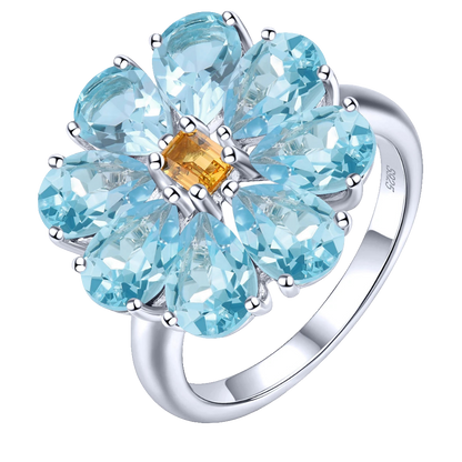 Natural Sky Blue Topaz Citrine Sterling  Silver Rings 6.6 Carats Genuine Gemstone