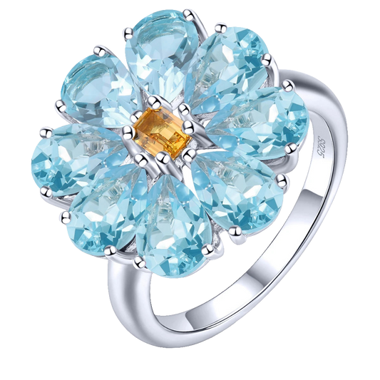 Natural Sky Blue Topaz Citrine Sterling  Silver Rings 6.6 Carats Genuine Gemstone