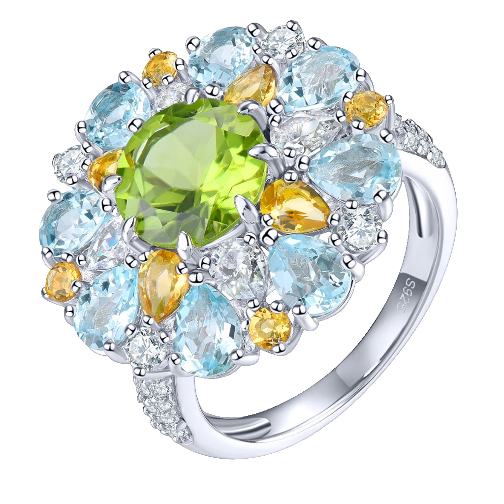 Natural Peridot Blue Topaz Citrine Ring 6.2 Carats