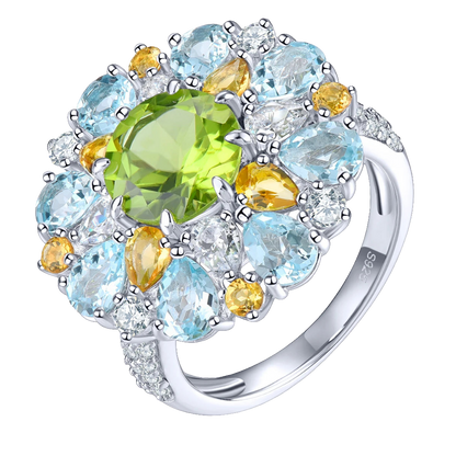 Natural Peridot Blue Topaz Citrine Ring 6.2 Carats