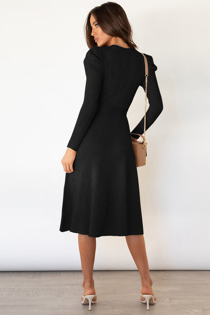 Round Neck Long Sleeve Tie Waist Sweater Dress