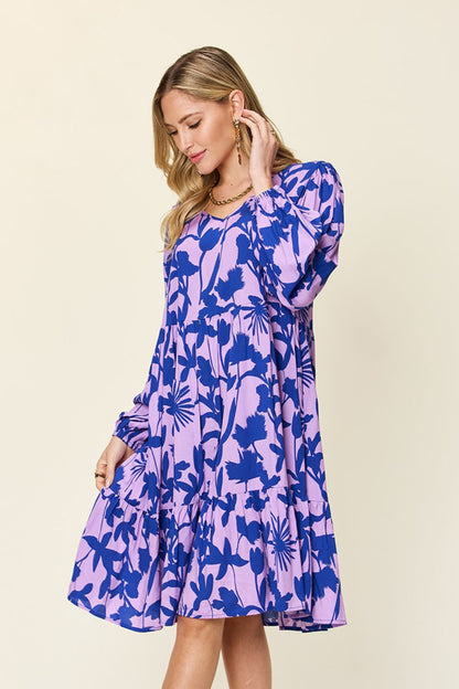 Double Take Full Size Printed Ruffle Hem Long Sleeve Dress