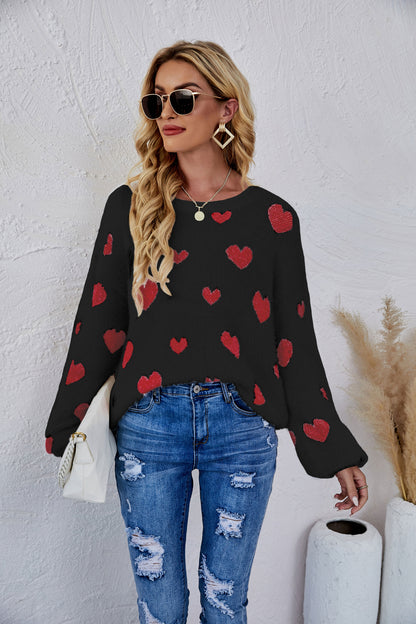 Woven Right Heart Print Fuzzy Crewneck Long Sleeve Sweater