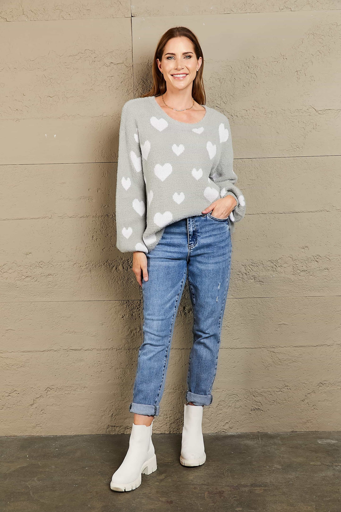 Woven Right Heart Print Fuzzy Crewneck Long Sleeve Sweater