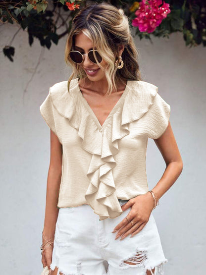 Ruffled V-Neck Short Sleeve Blouse