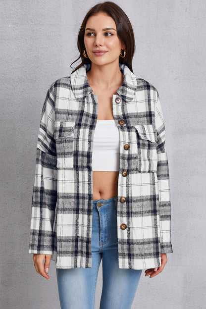 Plaid Button Up Dropped Shoulder Outerwear