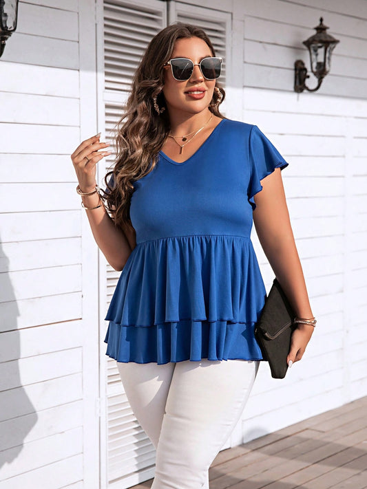 Plus Size V-Neck Flutter Sleeve Blouse