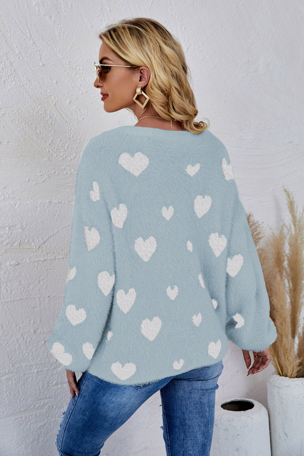 Woven Right Heart Print Fuzzy Crewneck Long Sleeve Sweater