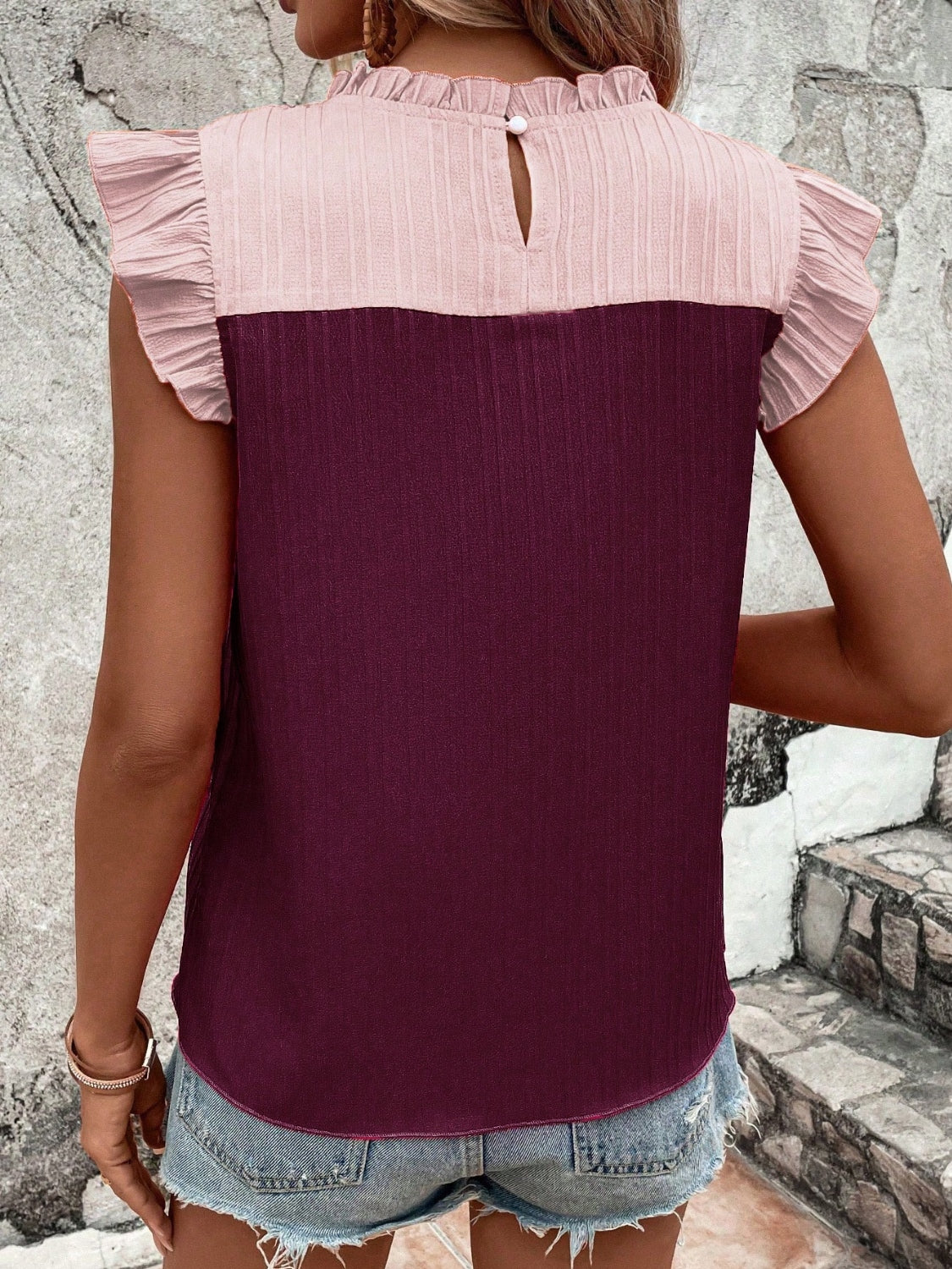 Frill Contrast Round Neck Cap Sleeve Blouse