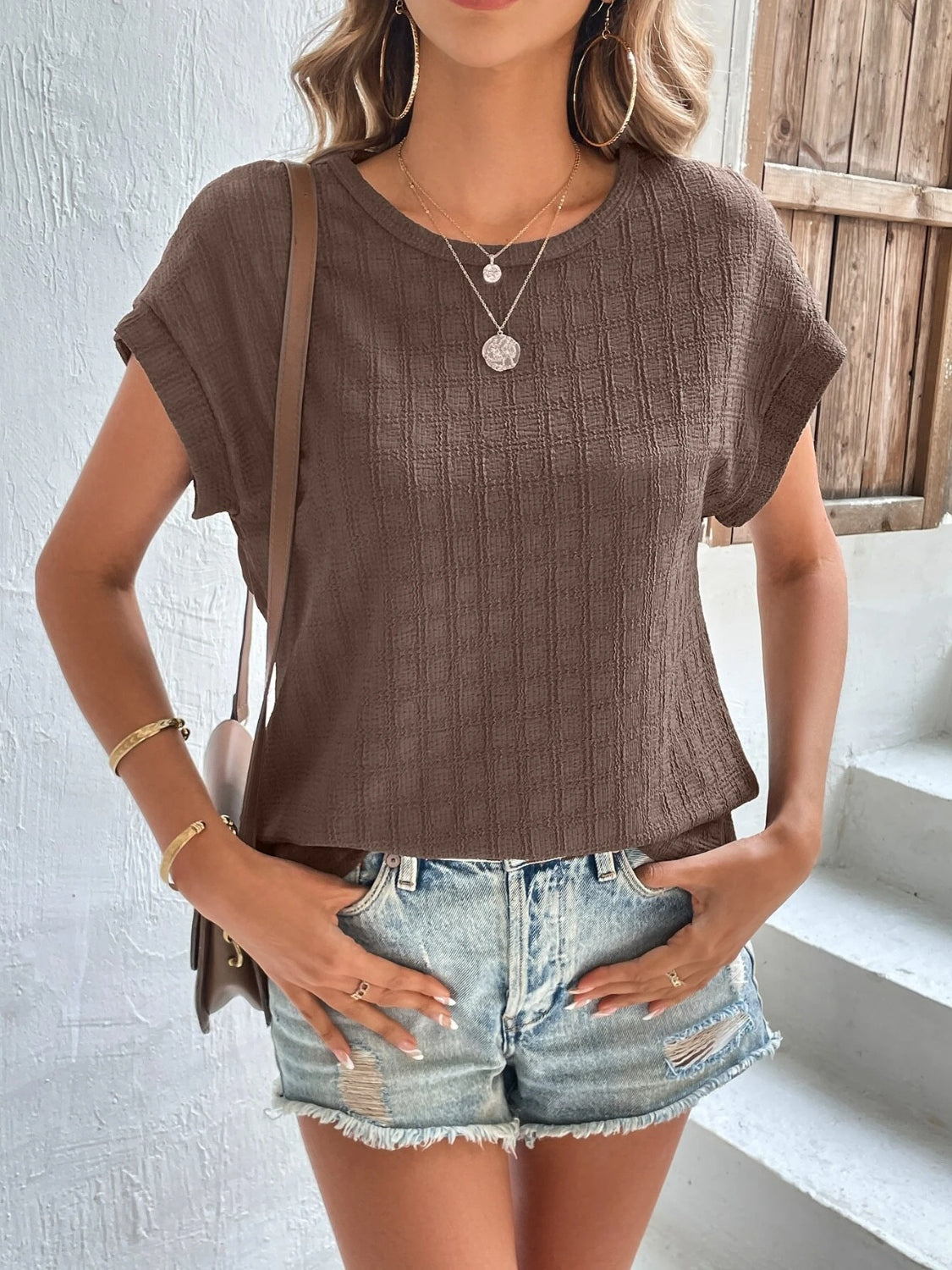 Textured Round Neck Short Sleeve Top