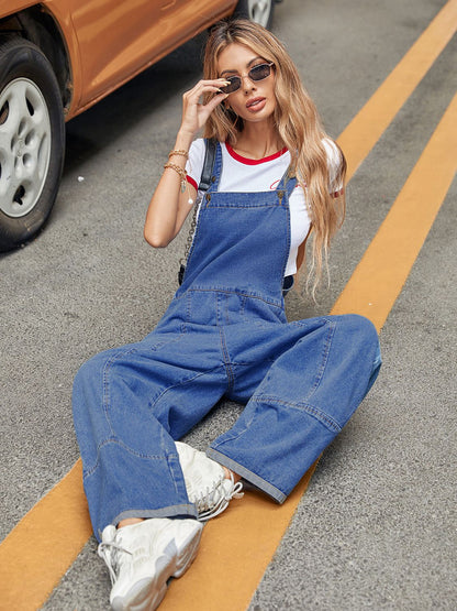 Wide Strap Wide Leg Denim Overalls