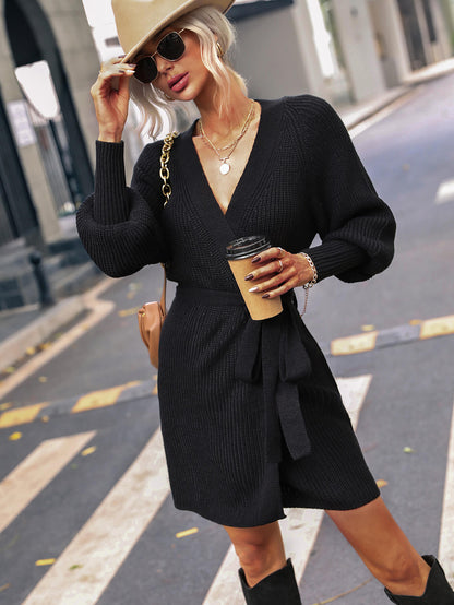 Belted Surplice Lantern Sleeve Wrap Sweater Dress