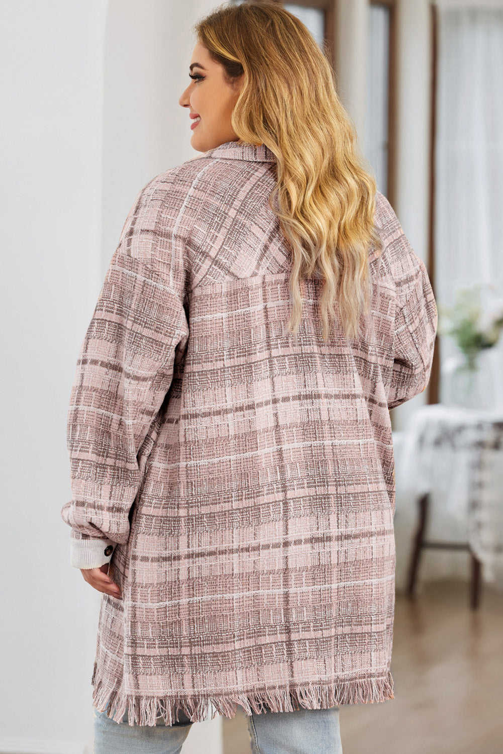 Plus Size Plaid Button Up Dropped Shoulder Outerwear