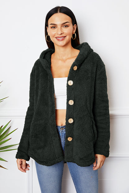 Fuzzy Button Up Hooded Outerwear