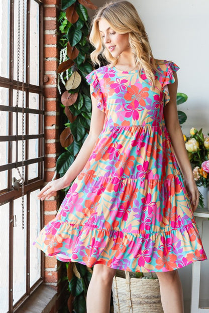 Heimish Full Size Floral Cap Sleeve Tiered Dress