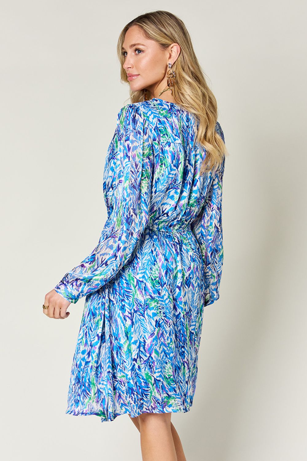 Double Take Full Size Printed Drawstring Waist Long Sleeve Dress