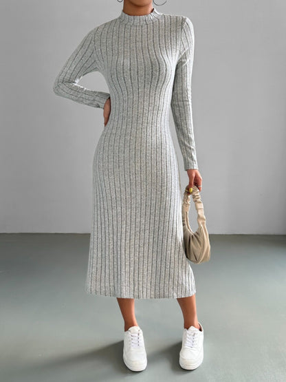 Ribbed Mock Neck Long Sleeve Midi Sweater Dress