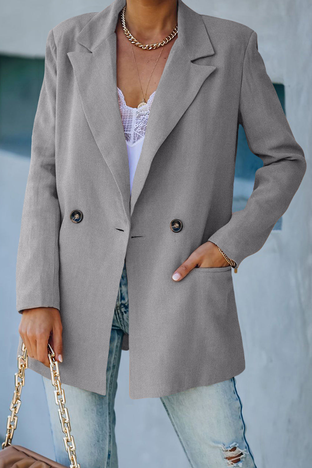 Double Take Double-Breasted Padded Shoulder Blazer with Pockets