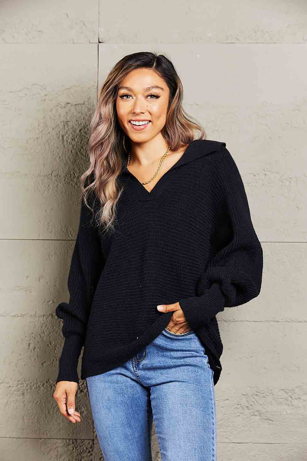 Horizontal Ribbing Johnny Collar Sweater