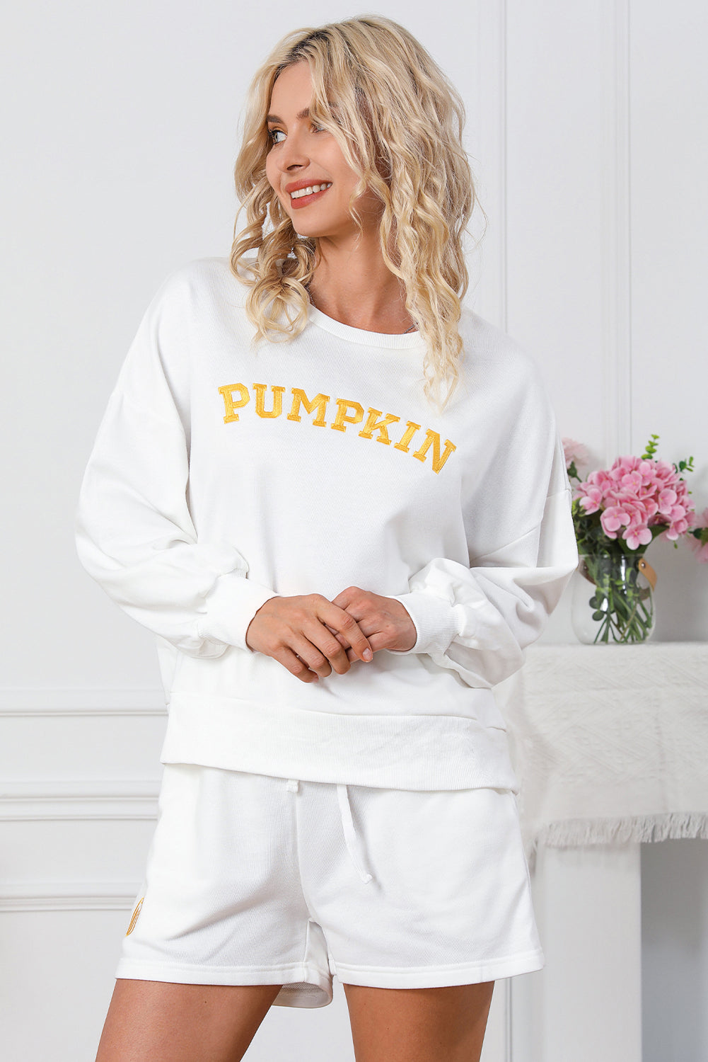 PUMPKIN Round Neck Sweatshirt and Shorts Set