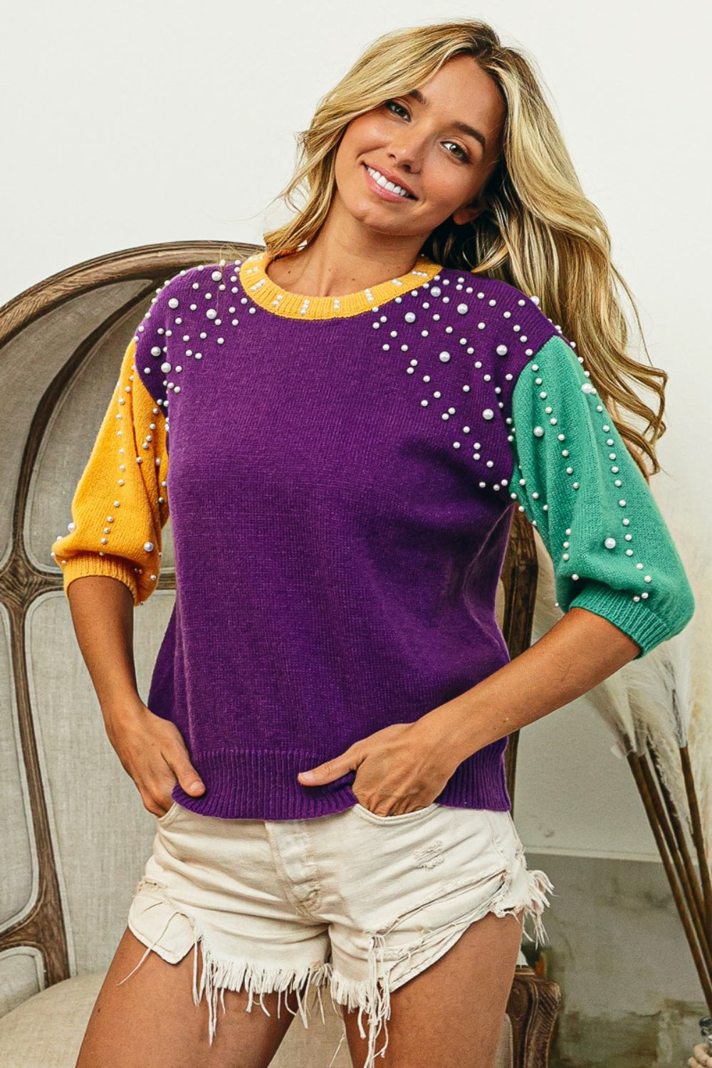 BiBi Color Block Pearl Detail Round Neck Sweater