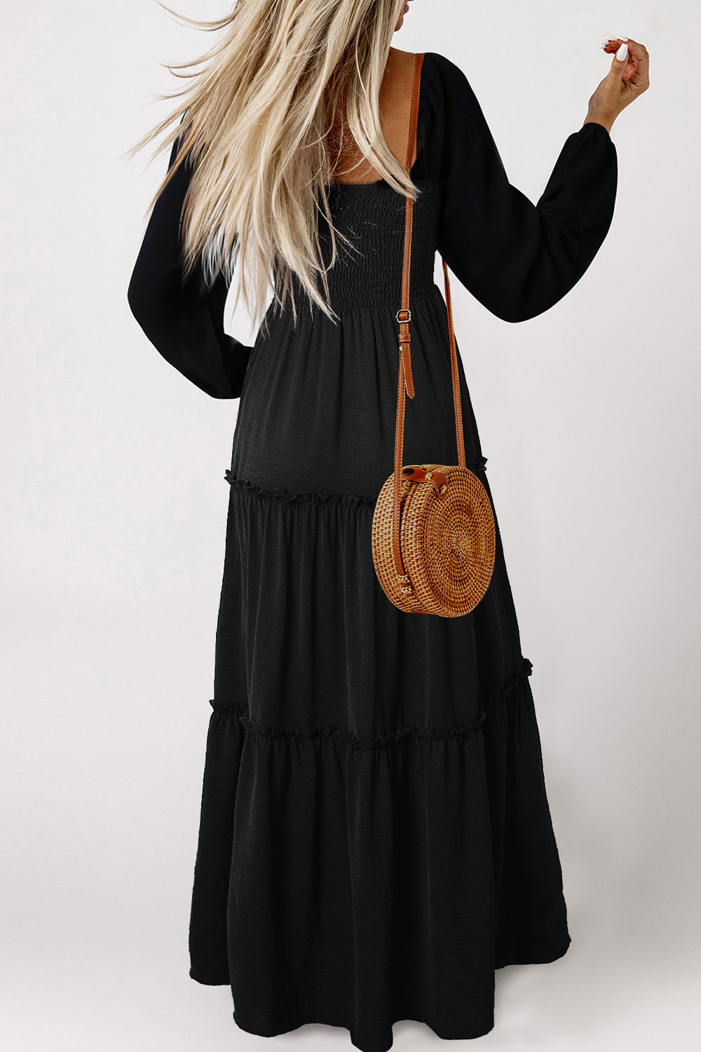 Square Neck Long Sleeve Tiered Dress