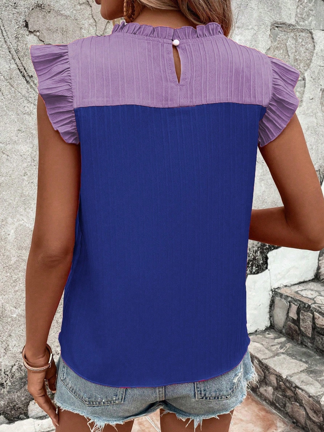 Frill Contrast Round Neck Cap Sleeve Blouse