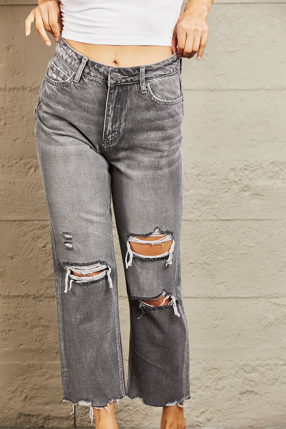 BAYEAS Mid Rise Distressed Cropped Dad Jeans