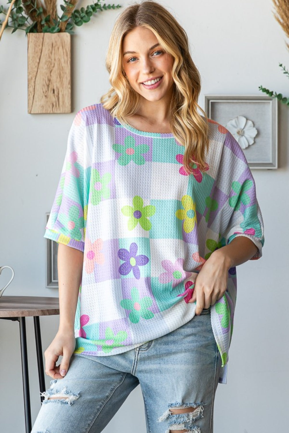 HOPELY Floral Round Neck Waffle T-Shirt